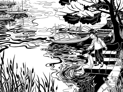 《疍家船》黑白插图 儿童插画 水上人家 暴雨 船