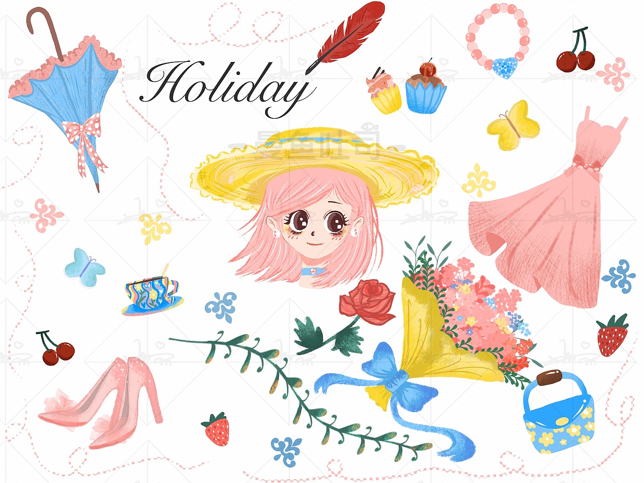 这一组的主色系是蓝色、粉色、黄色。夏日的清新和女孩子的浪漫氛围。在夏日的假期里喝下午茶，去逛街顺便奖励自己一束浪漫的花束，买自己喜欢的裙子和高跟鞋。又或者是别人赠与的玫瑰和草莓。整个画面都是一个联系的整体。