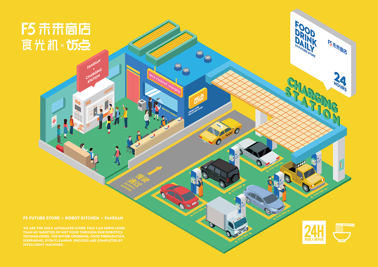 未来商店店铺与机器的2.5d插画