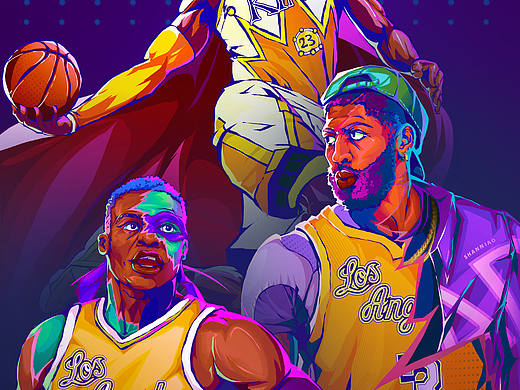篮球赛博朋克插画《2021 Lakers Big3》