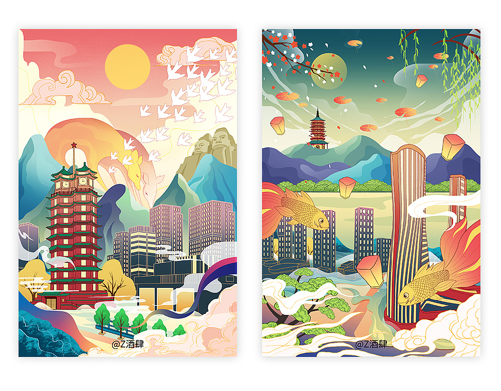 画面元素:郑州二七塔,二七广场,炎黄雕像,白鹿,飞鸟.