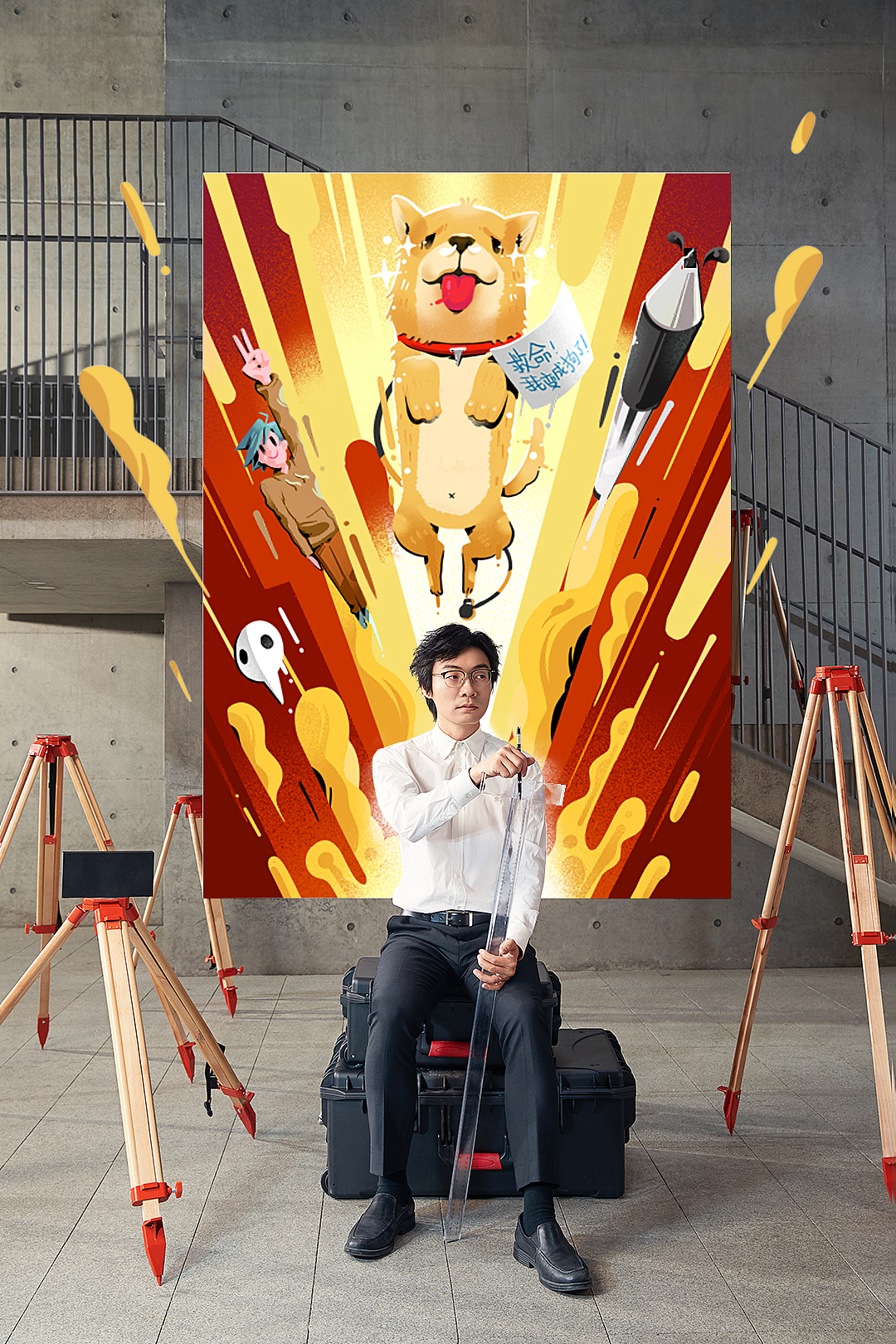 使徒子-现实中是理性的工科男,“BGM”是使徒子漫画作品中的一些代表角色,以及一支代表其漫画家身份的圆珠笔