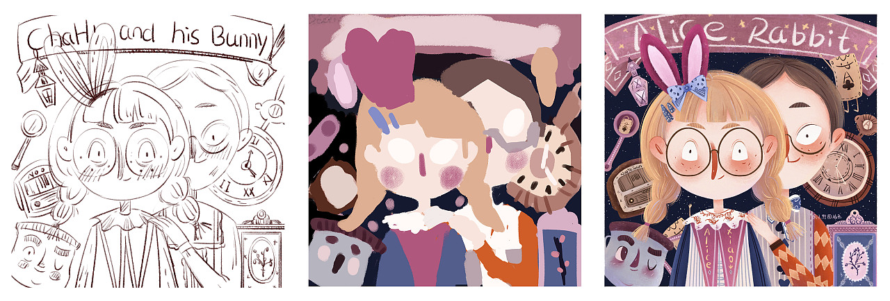 丰富线稿~其实草稿真的很乱 看不下去才进行画完整点的线稿,铺色主要看大概效果 不合适再进行修改,最后完稿添加亿点细节。