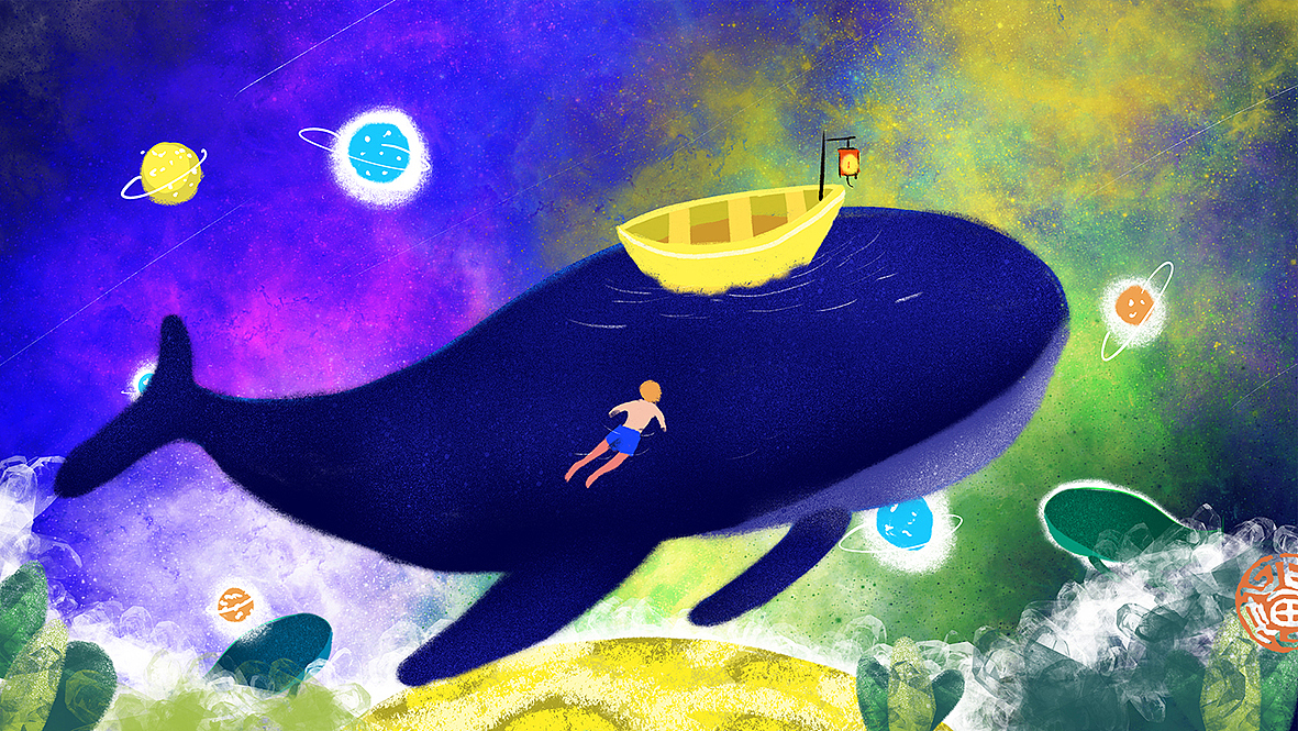 梦幻星空坐在鲸鱼背上游泳的男孩