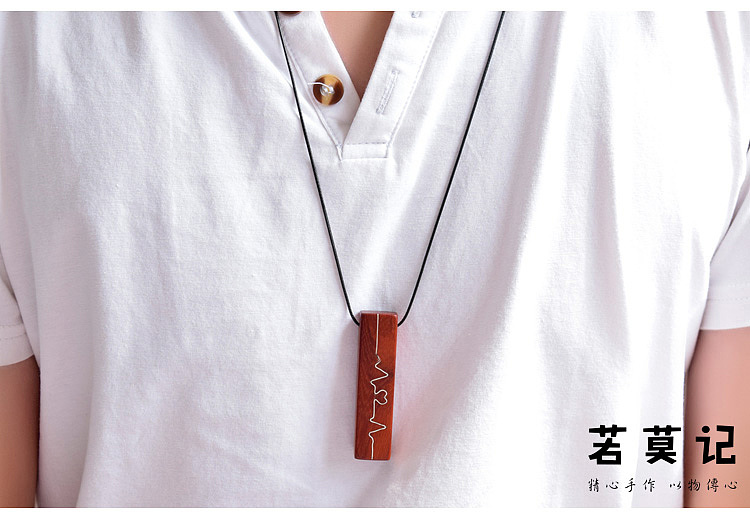 原创檀木嵌银心跳的节奏项链毛衣链礼物