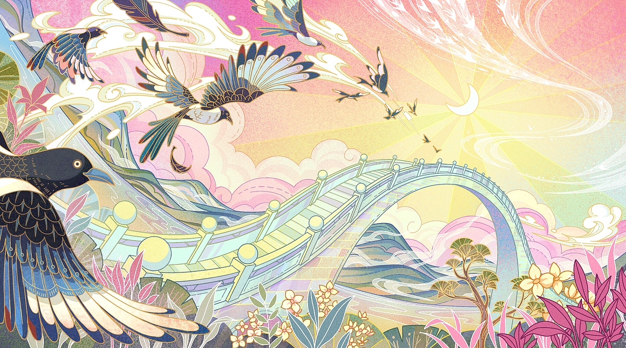 七夕鹊桥（图ZMzc1ODk4NTgw） - 商业插画 - 站酷设计师Leoyy呱呱呱原创素材 - 站酷ZCOOL