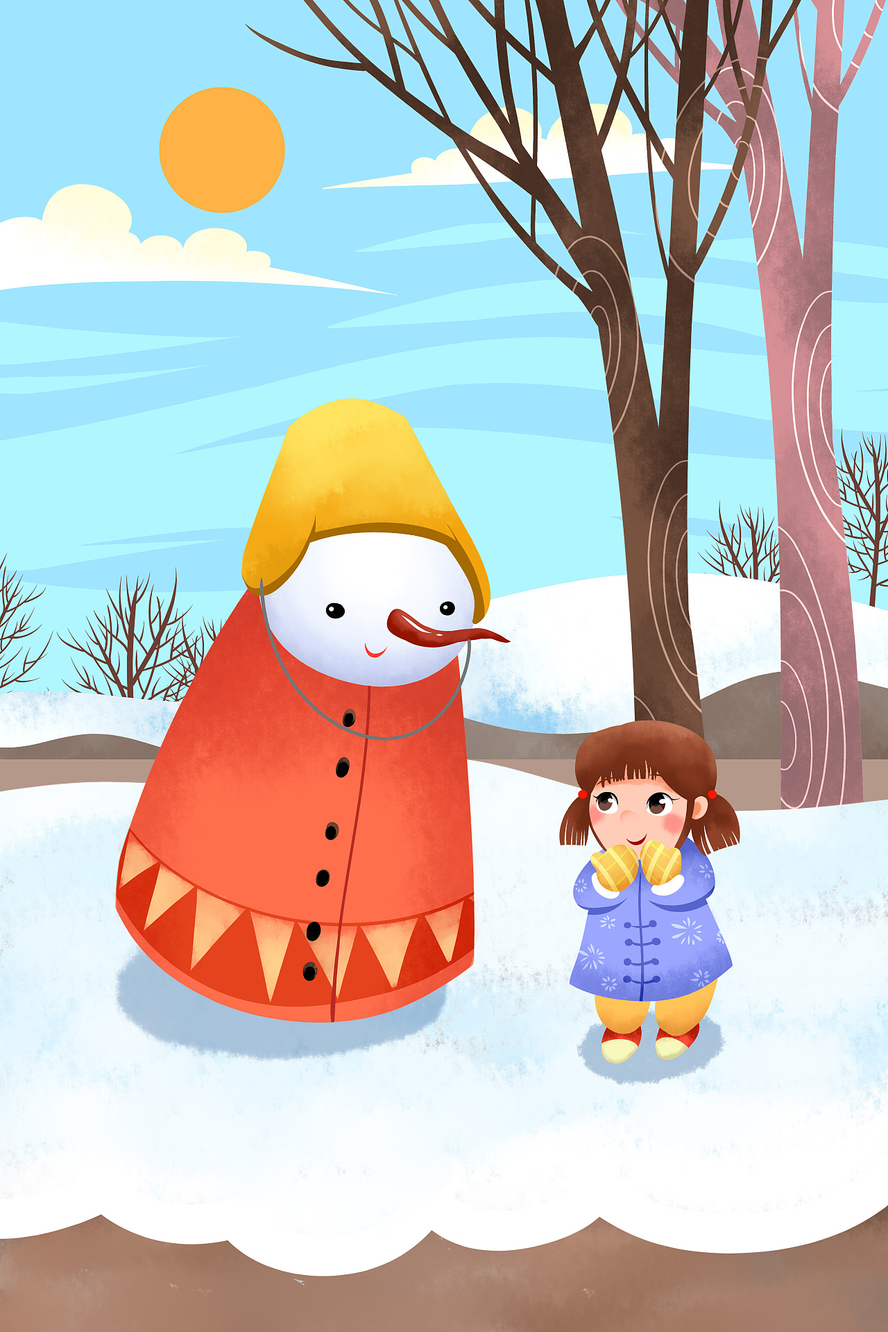 冬天下雪唯美手绘插画