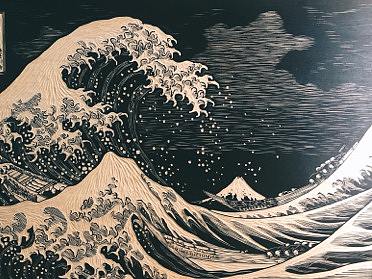 手工雕刻神奈川冲浪里黑白木刻版画定制