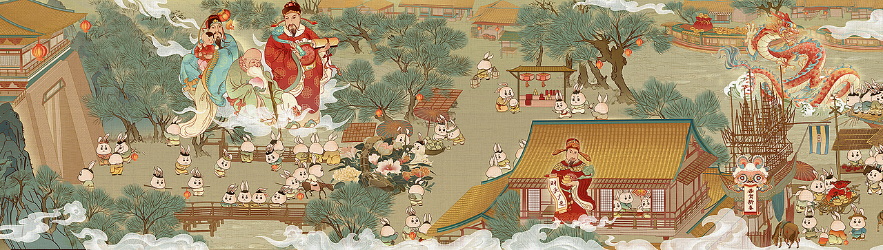 卯兔上河图 2023兔年春节贺岁商业插画（图ZMzE0MTg0MTI4） - 商业插画 - 站酷设计师本艺设计工作室原创素材 - 站酷ZCOOL