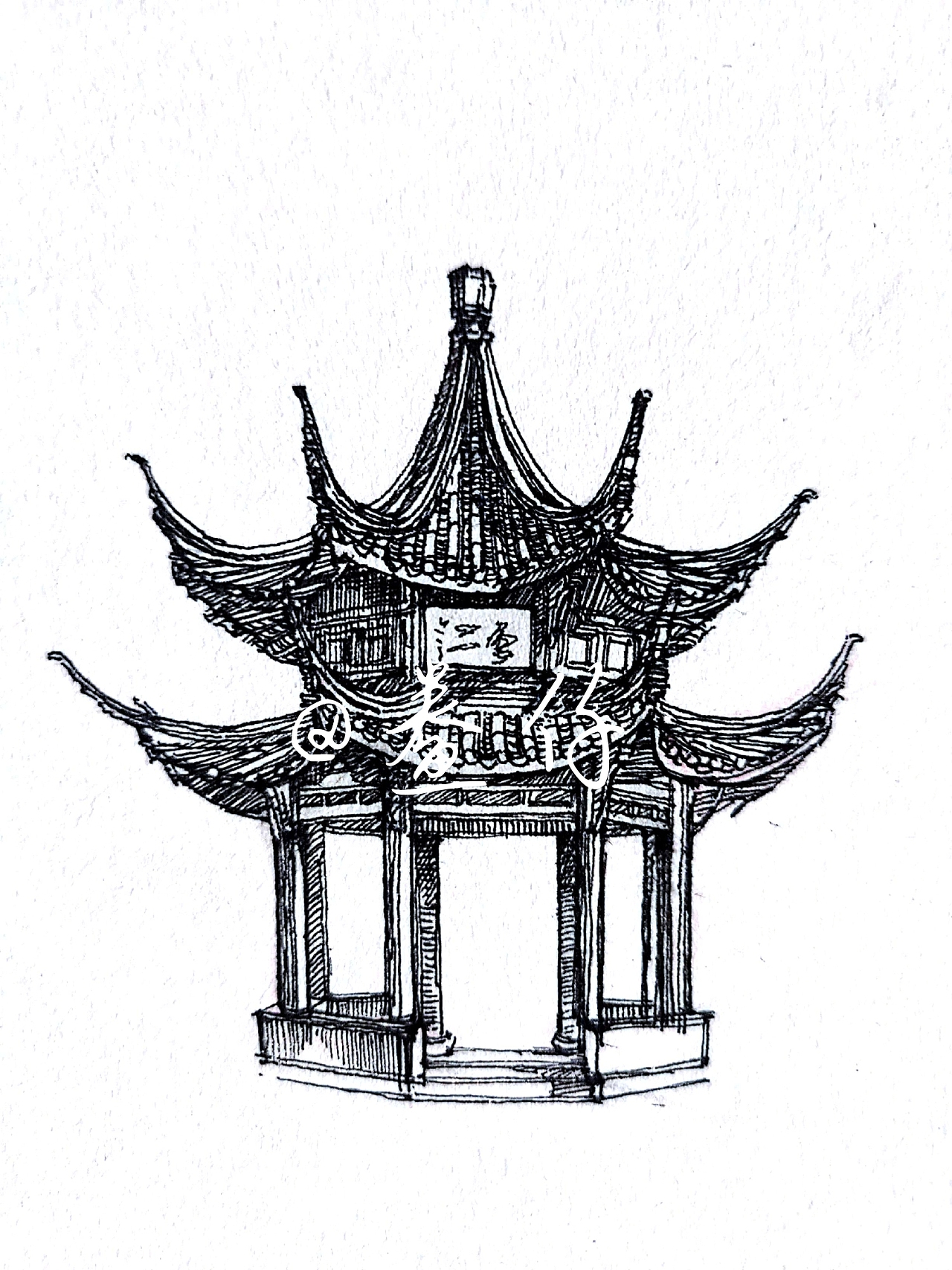 凉亭钢笔画速写