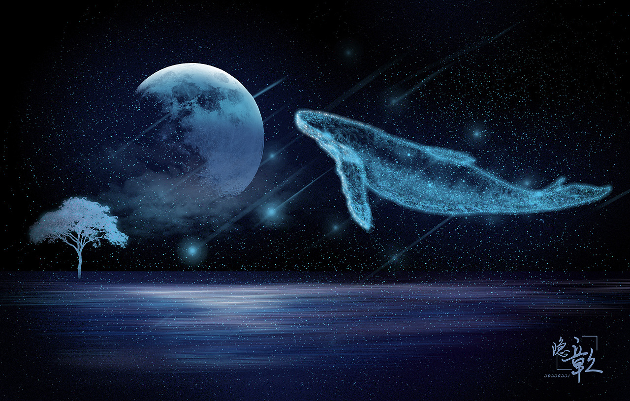 鲸鱼之歌梦幻鲸鱼鲸鱼与海鸟梦幻场景幻想画面治愈系