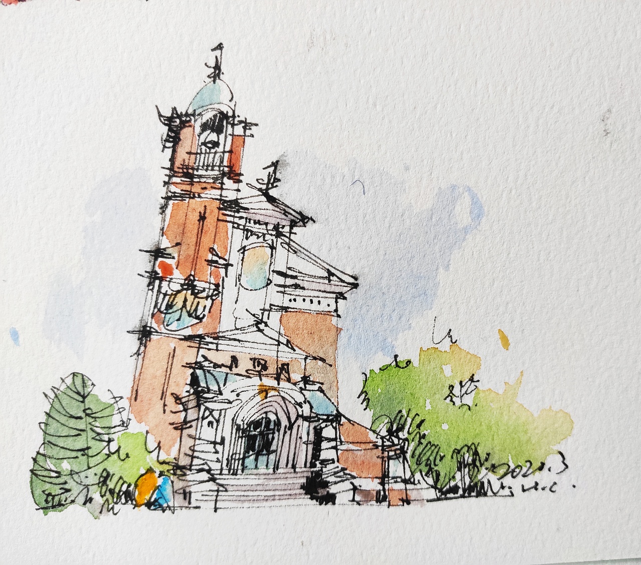 钢笔淡彩建筑风景速写