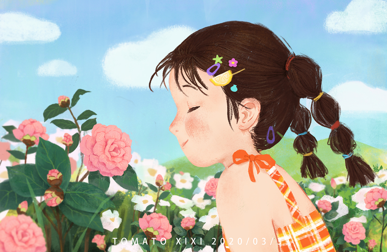 【插画】春天里的一次散步,偶然发现在角落盛开的茶花和不知名的小