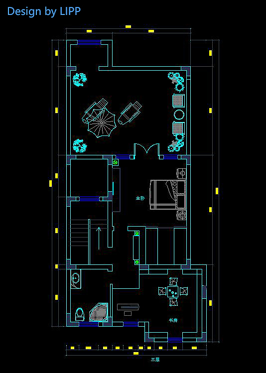 三层为主卧区域,整个三层为主人区,主卧加书房,加露台