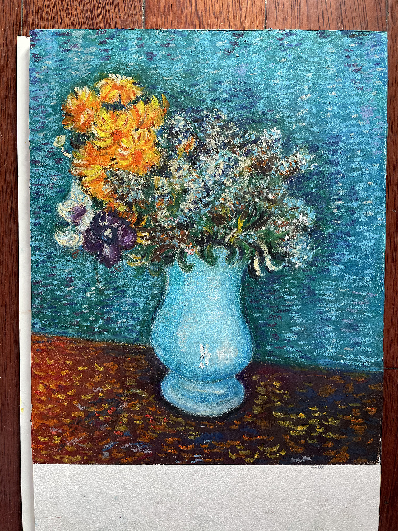 油畫棒臨摹梵高藍(lán)色花瓶里的花束（圖ZMjM5MjExOTY4） - 繪畫 - 站酷設(shè)計師慕漁藝術(shù)原創(chuàng)素材 - 站酷ZCOOL