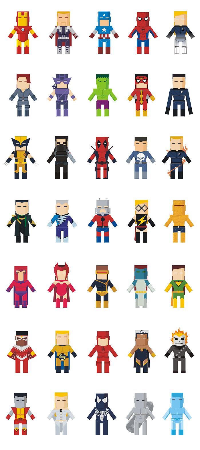 每天画一点每天画一点,越画越多,最后画了35个漫威的超级英雄。画到后面已经忘了要做动画的事儿,彻彻底底的沦陷进去了!甚至想把漫威所有的超级英雄都画一遍,那可是5000多个人啊。有朋友看了这个图之后,说有点儿背景更好,于是就有了下面这一堆东西。