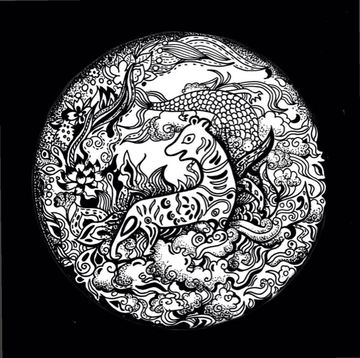 黑白线稿,黑白插画,传统花卉纹样图案--黄小葳