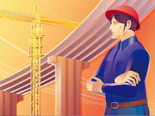 暖色建筑施工塔吊桥梁工程师劳动节场景插画