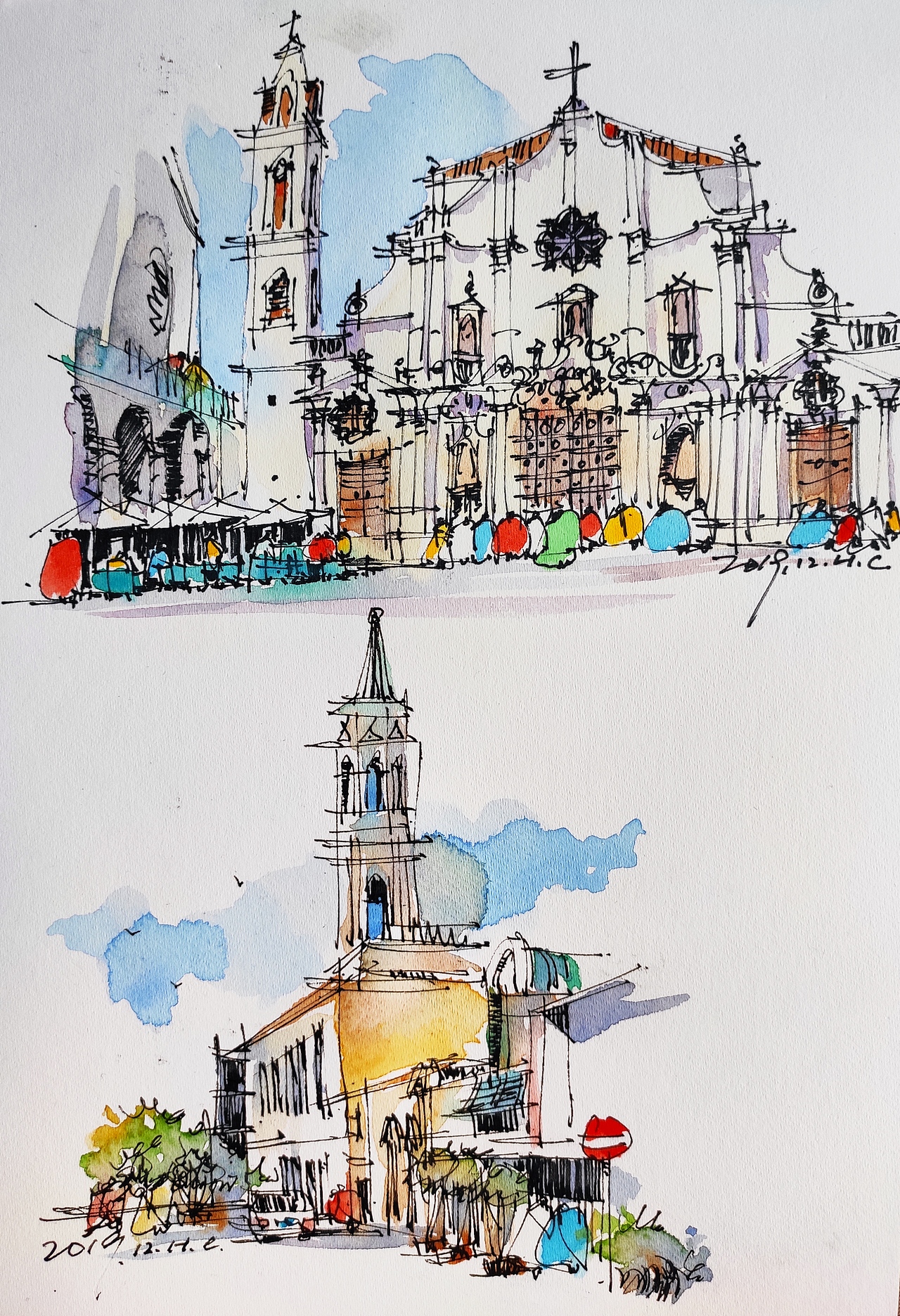 钢笔淡彩建筑风景速写