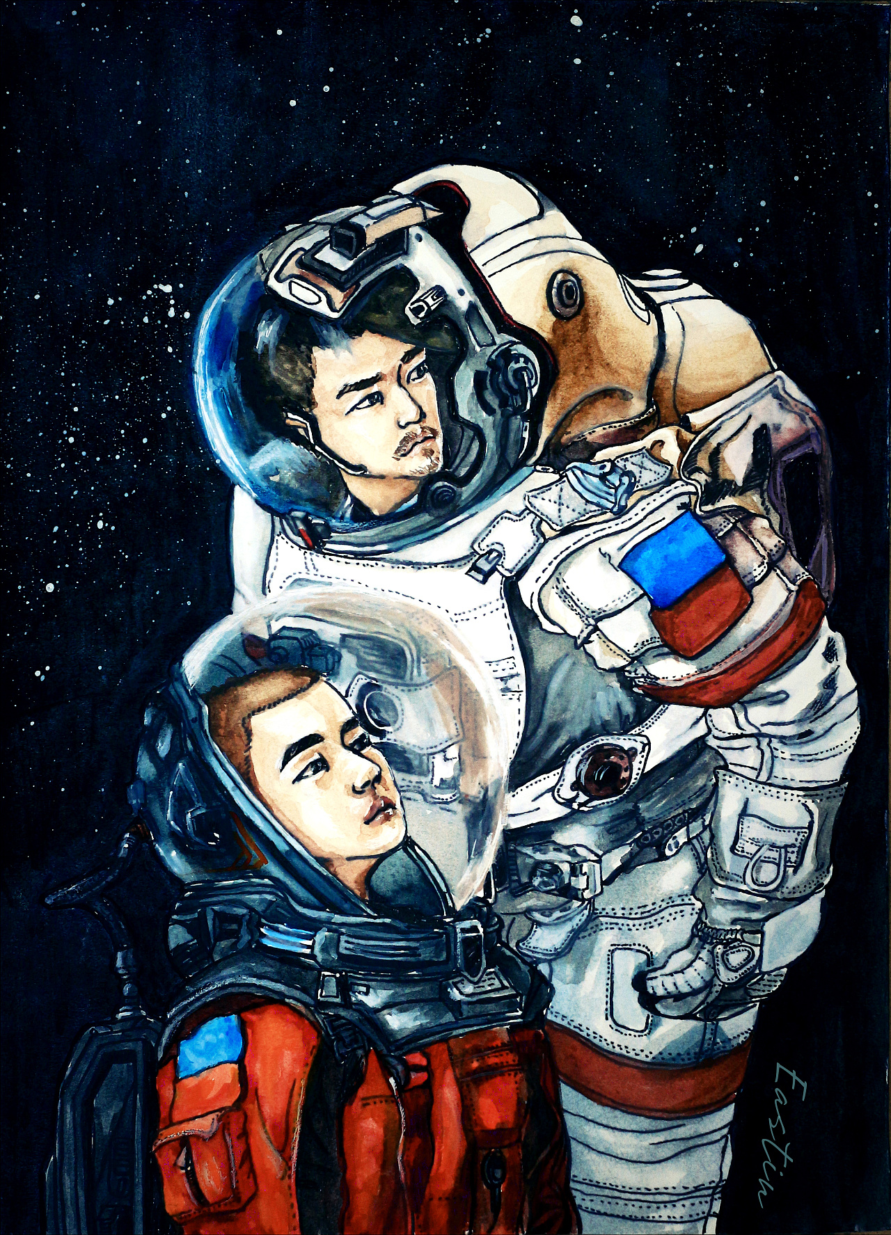 水彩手绘流浪地球父子组    