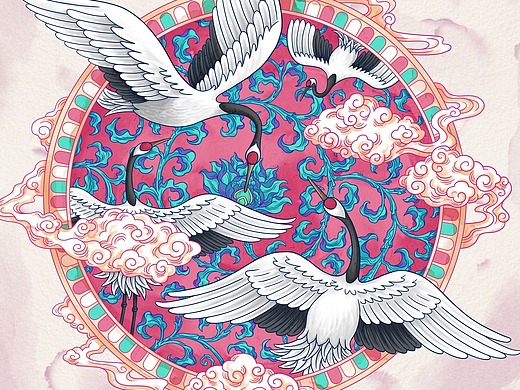 国风插画--仙鹤祥云团花图