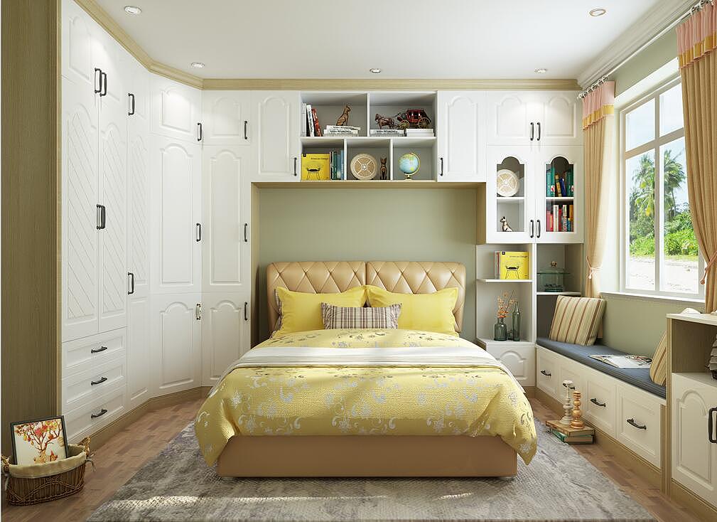 12㎡简欧主卧设计效果图,转角衣柜圆弧贴合墙面棒棒哒