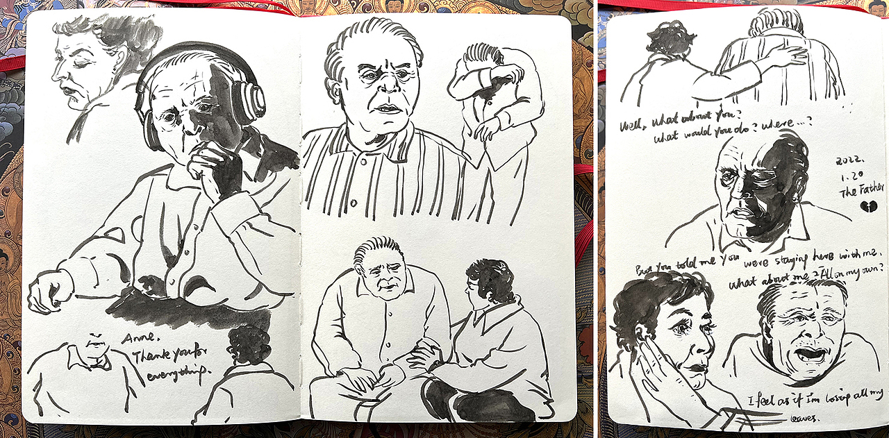 《困在时间里的父亲》
一部迷幻压抑的以患老年痴呆父亲为第一视角,讲述病患无序的世界和无助。画完后发现这篇基本没有怎么上色,除了父亲的蓝色睡衣(贯穿全篇的线索吧)和开篇的红楼梯。确实是一部压抑的电影,捕捉到的画面大多是父亲无助不安的状态和身边人的态度。如主演所说,每个人都有“叶子掉光的时候”,他们需要的,是更多的爱和陪伴。