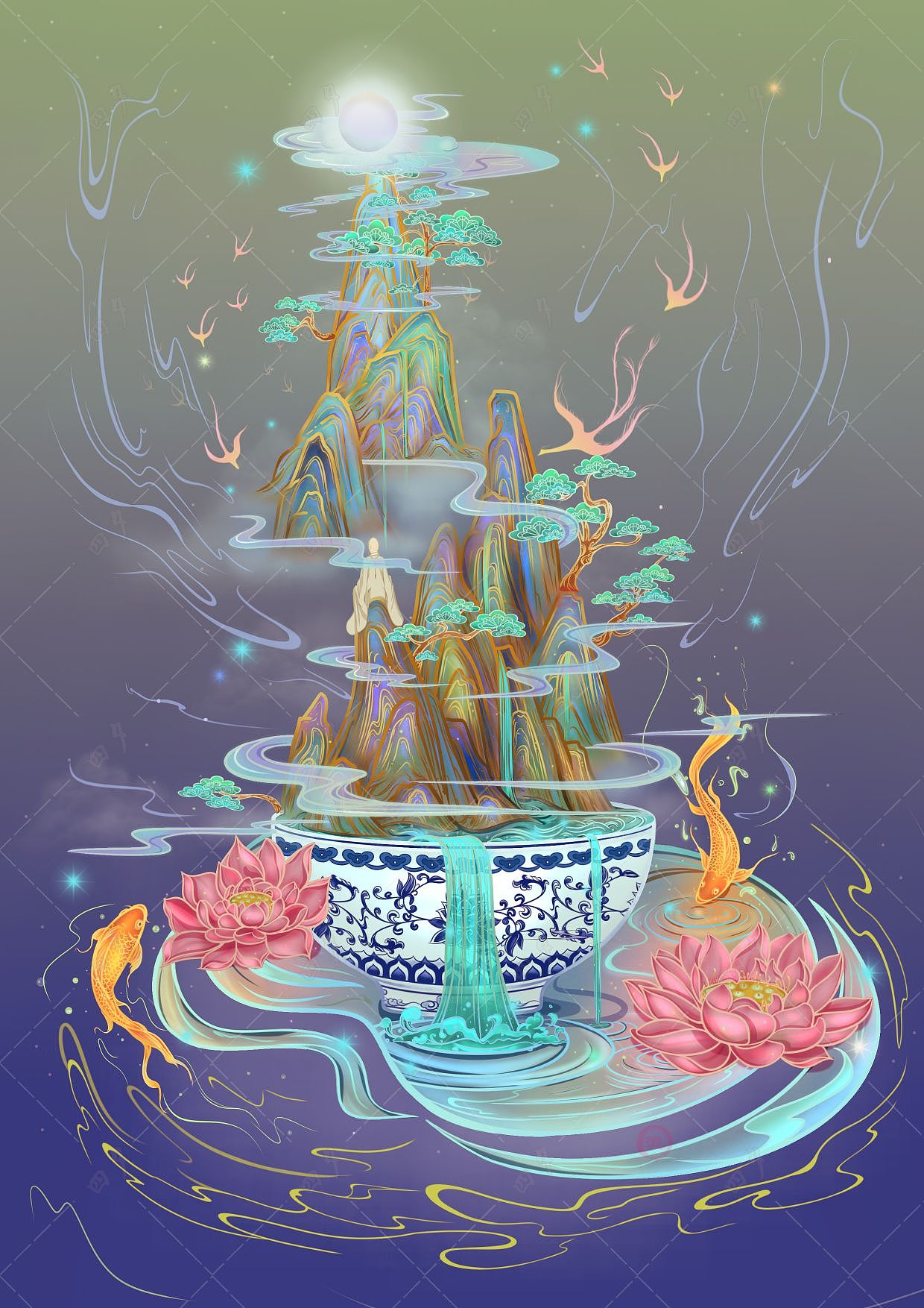 传统青花瓷国潮插画