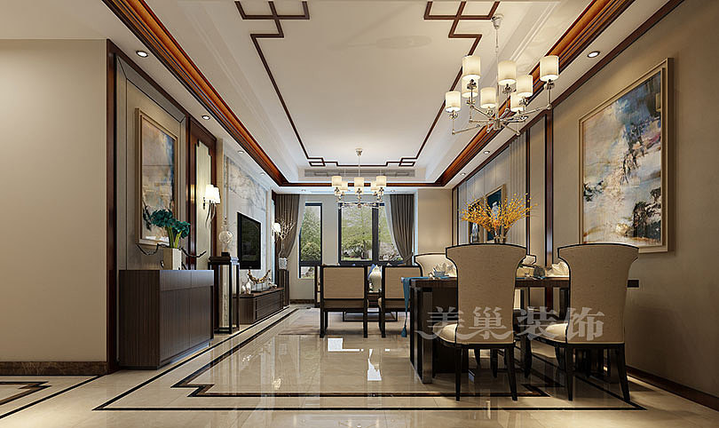 保利海上五月花123平新中式三室两厅装修效果图