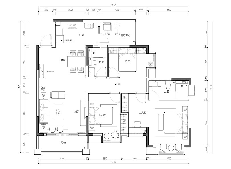 郑州清华大溪地三室两厅样板间设计——平面布局方案
