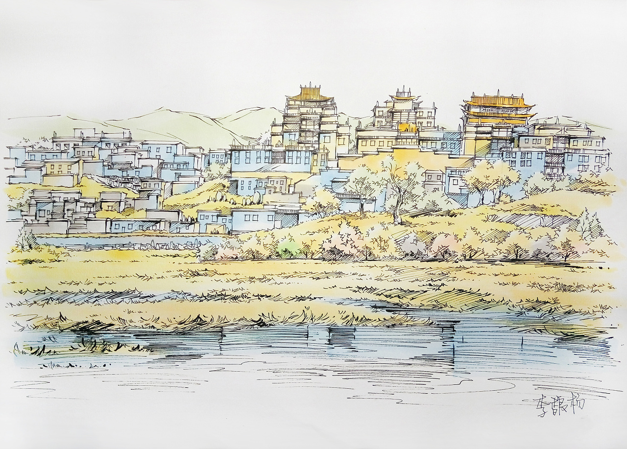 马克笔手绘-松赞林寺(含步骤)