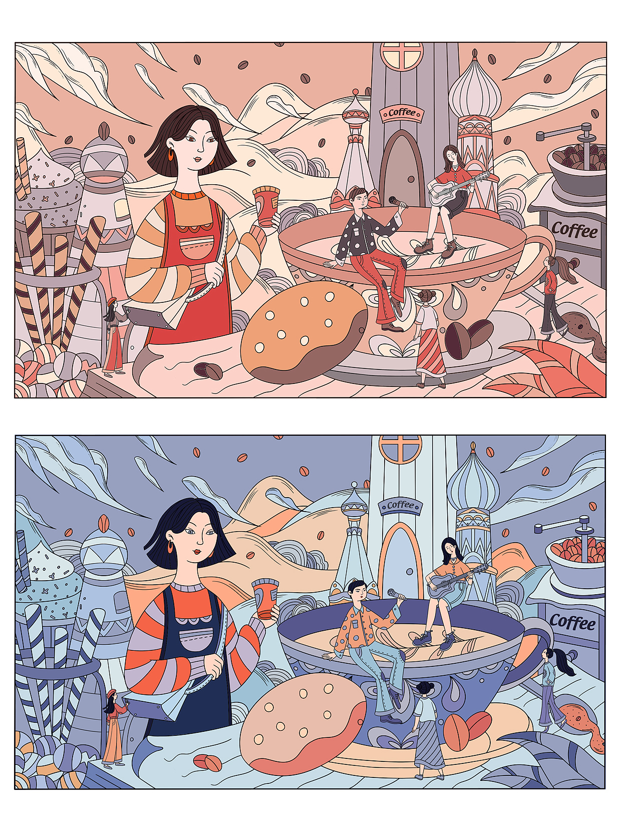 國風(fēng)線性插畫——咖啡王國（圖ZMzIzMjE4MjE2） - 藝術(shù)插畫 - 站酷設(shè)計(jì)師來碗麻醬原創(chuàng)素材 - 站酷ZCOOL