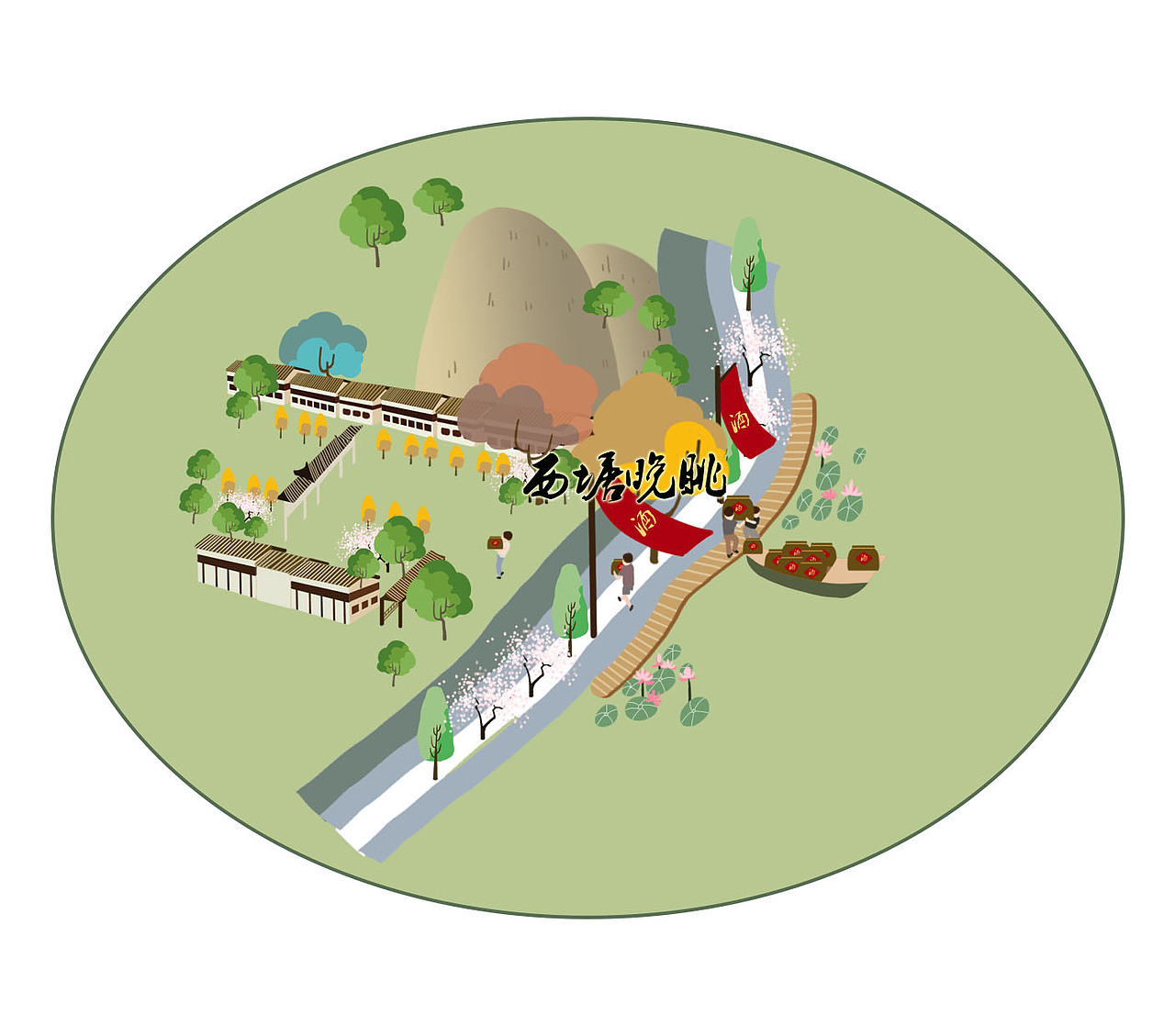 皂李湖手绘地图景区简约唯美矢量风格导览插画