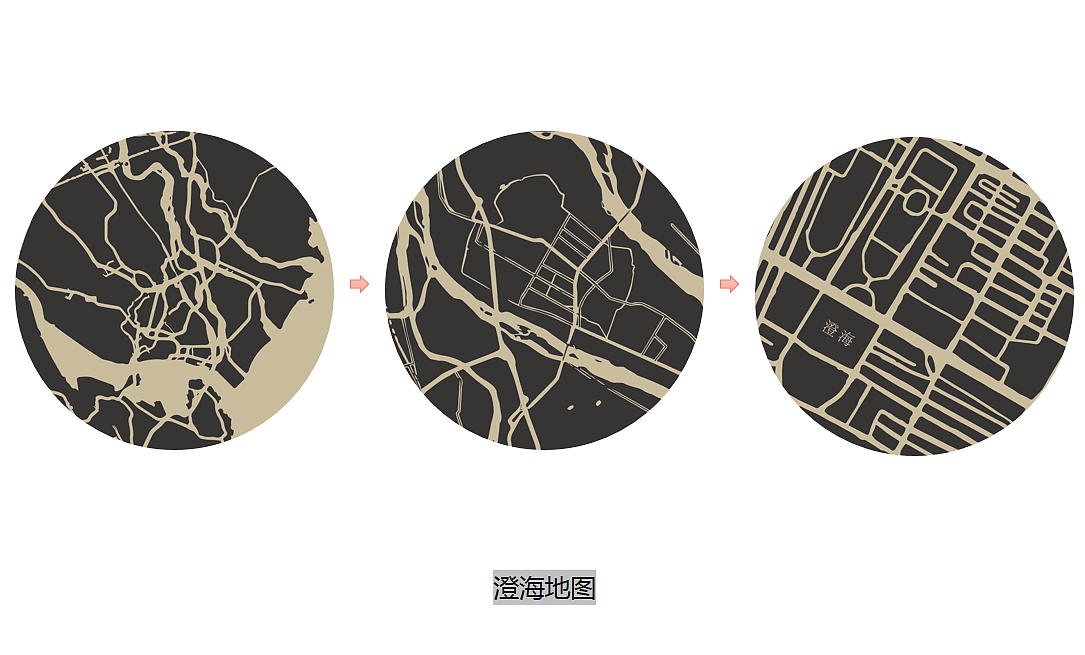 此外在橙色背景上还有三幅地图
标识出潮汕澄海的地理位置<br>设计师用餐盘和地图结合的方式<br>表达日日香鹅肉美食发源地<br>强调了日日香鹅肉饭店的正宗本味<br>三幅地图逐步聚焦<br>又如美食在味蕾有节奏地牵引