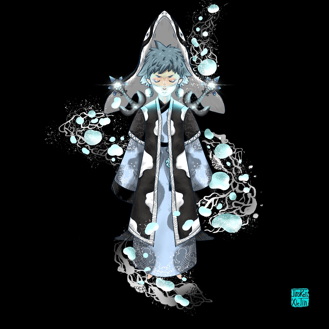 动物角色拟人化,目前画了四个角色:锦鲤(暂定,拟修改),黑猫,虎鲸和