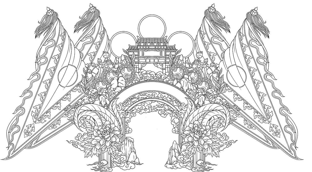 京剧头饰 茶叶 牌楼插画手绘