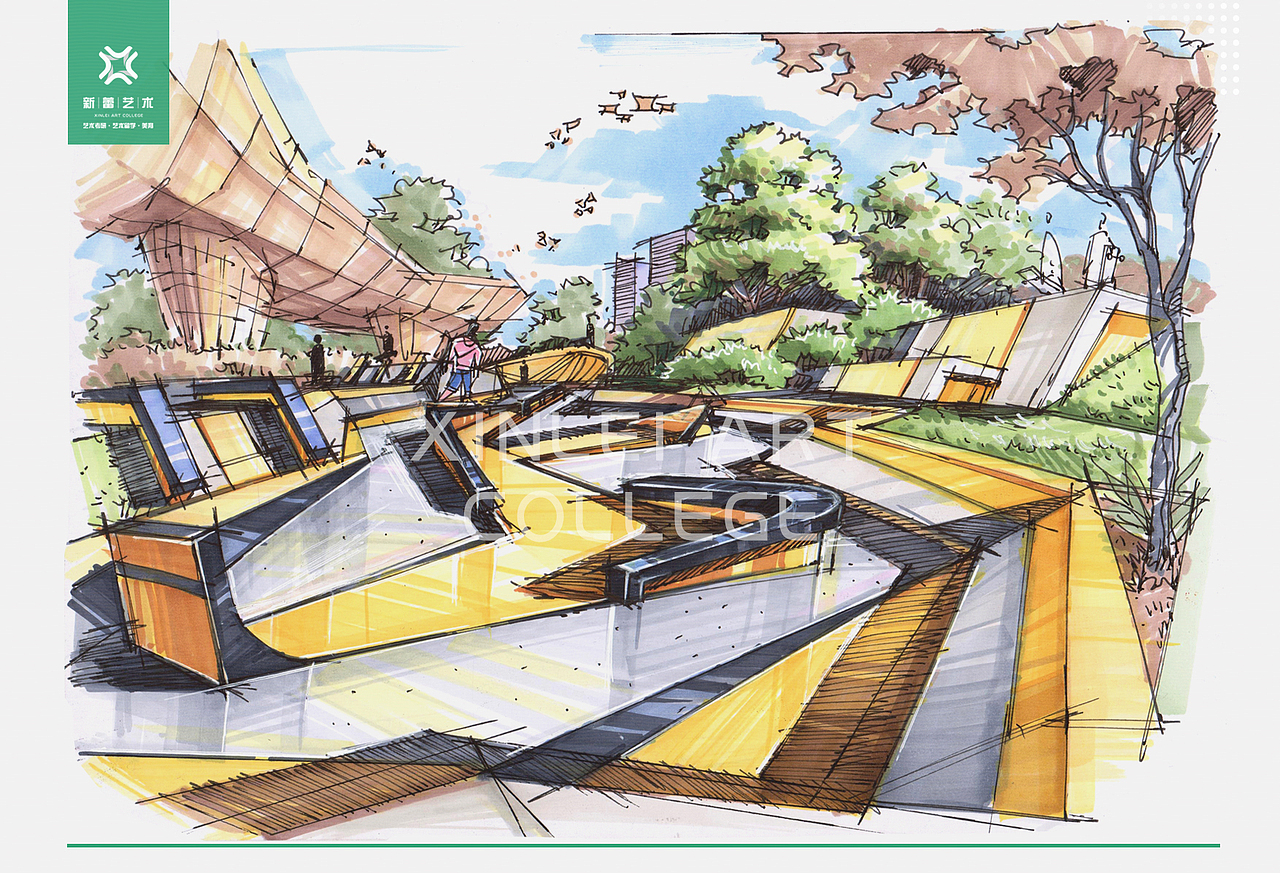 园林景观设计手绘表达/园林景观效果图手绘/风景园林