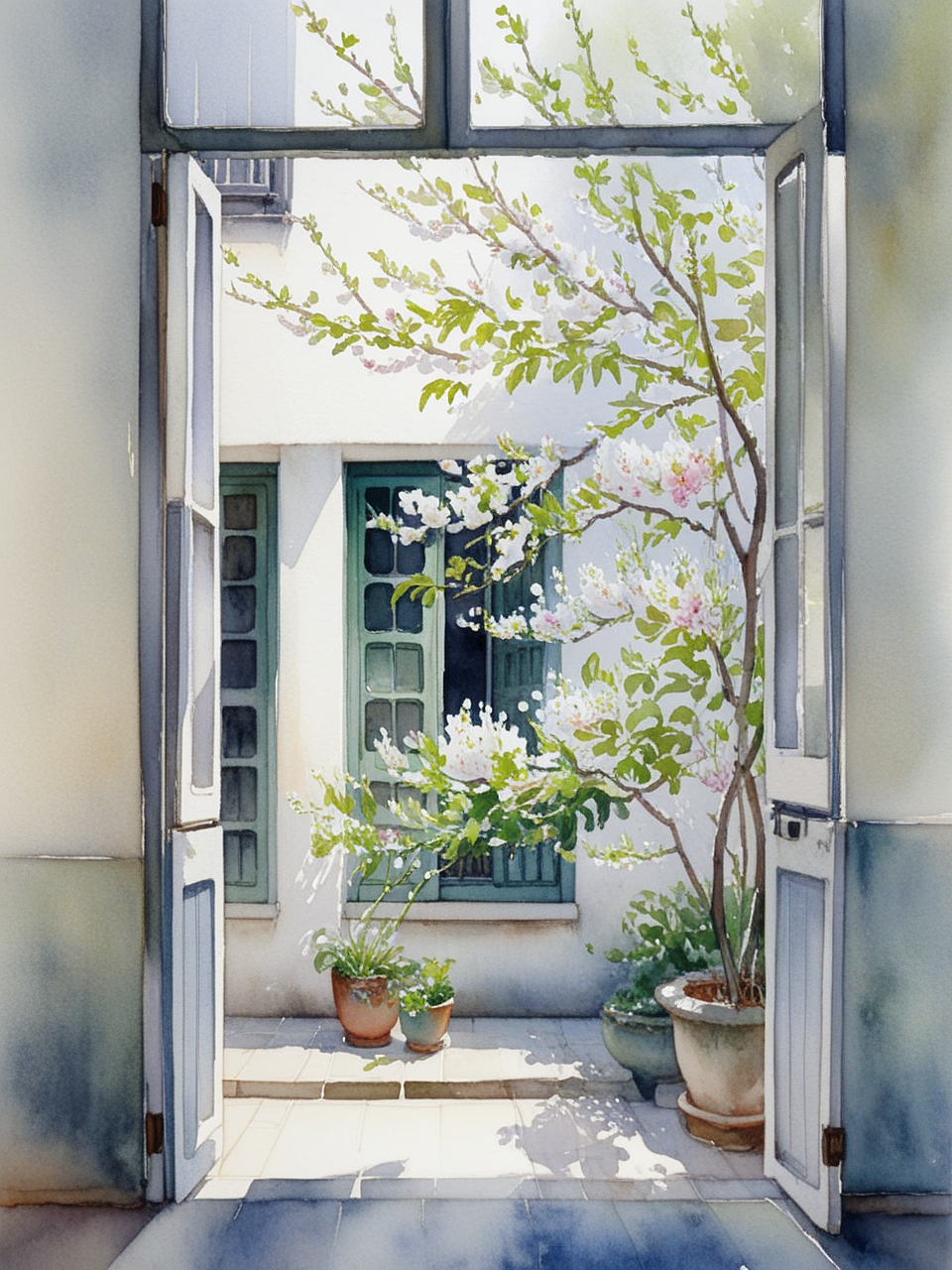 Ai绘画|水彩画小院一角