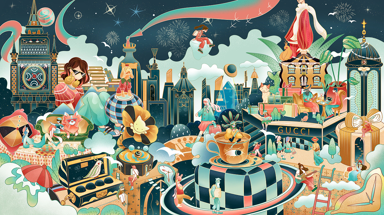 GUCCI 星空摩登都市商场插画