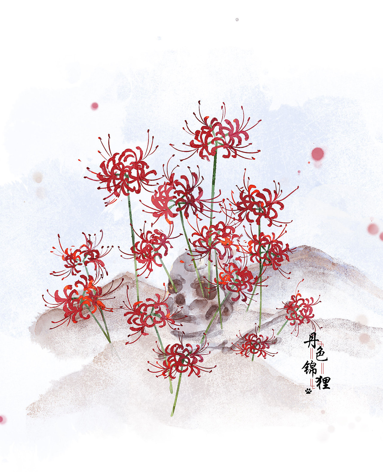 古风水彩花卉小物插画