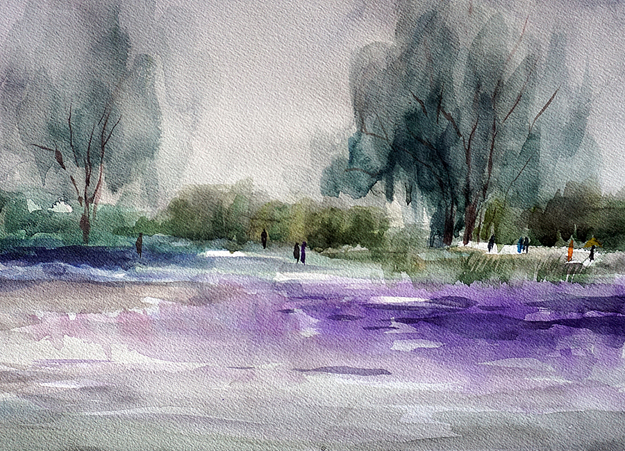 水彩写生—鲜花草坪