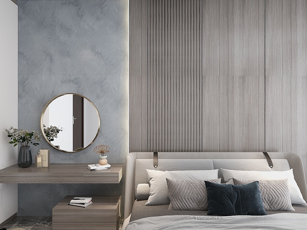 卧室背景墙:木纹格深色,低调纹理辗转,浅浅的的冷静