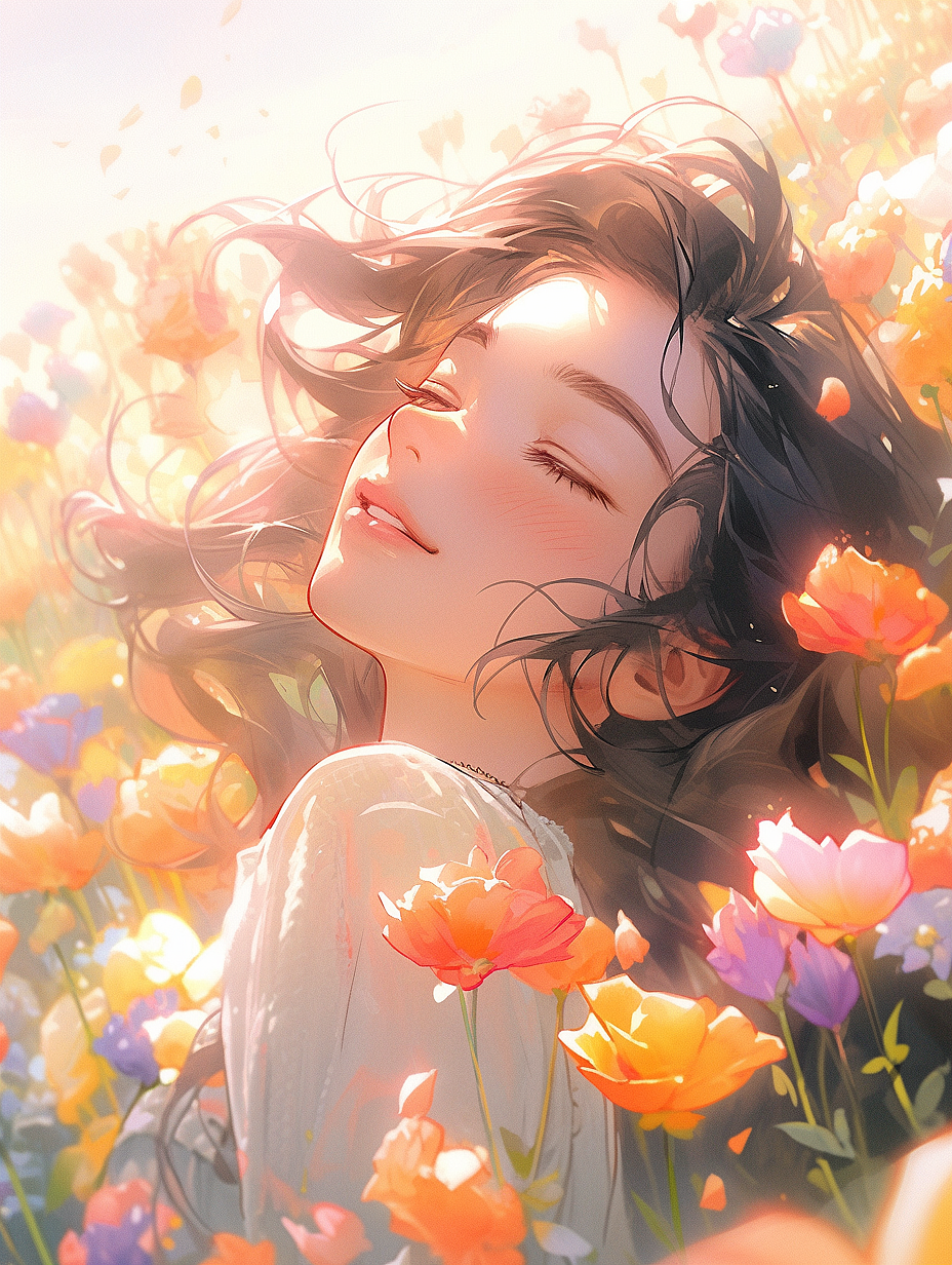 Midjourney 人像|夏日少女 沉浸在花海里