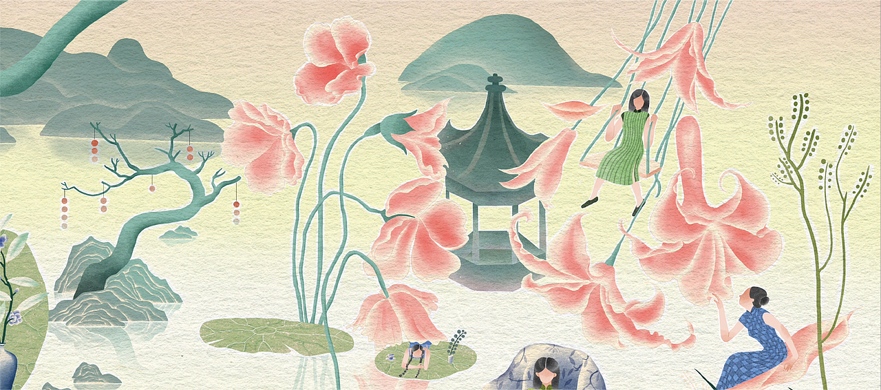 国潮传统插画——《鱼米之乡,山水之间》