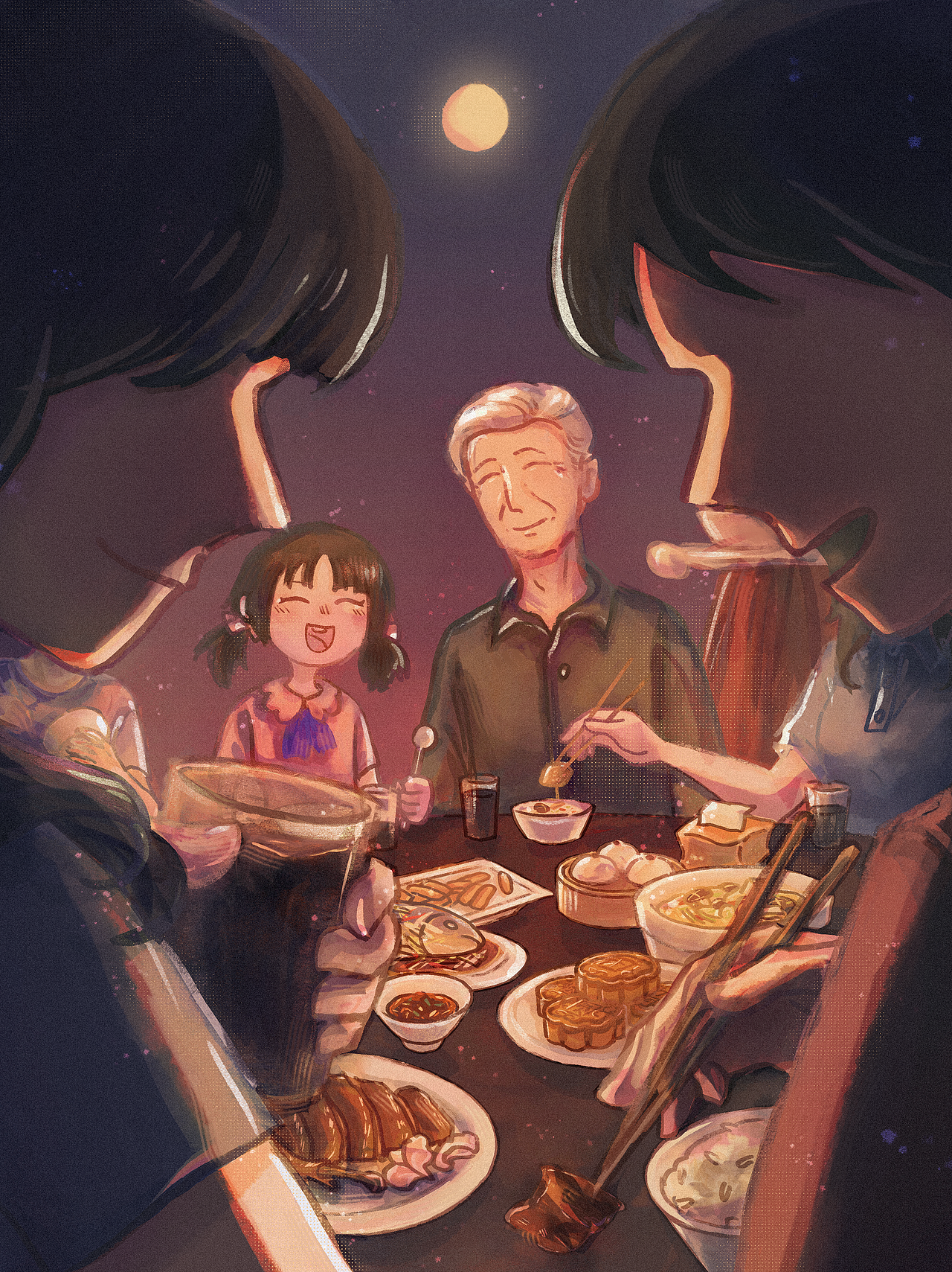 秋-中秋节,大家围坐一桌,没有手机,只有尽情谈笑的时光