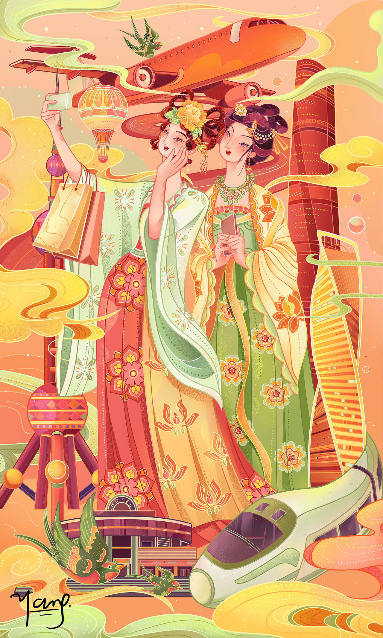 国风线性插画,是有点古画今画的意思,两个唐朝的少女穿越到现代都市