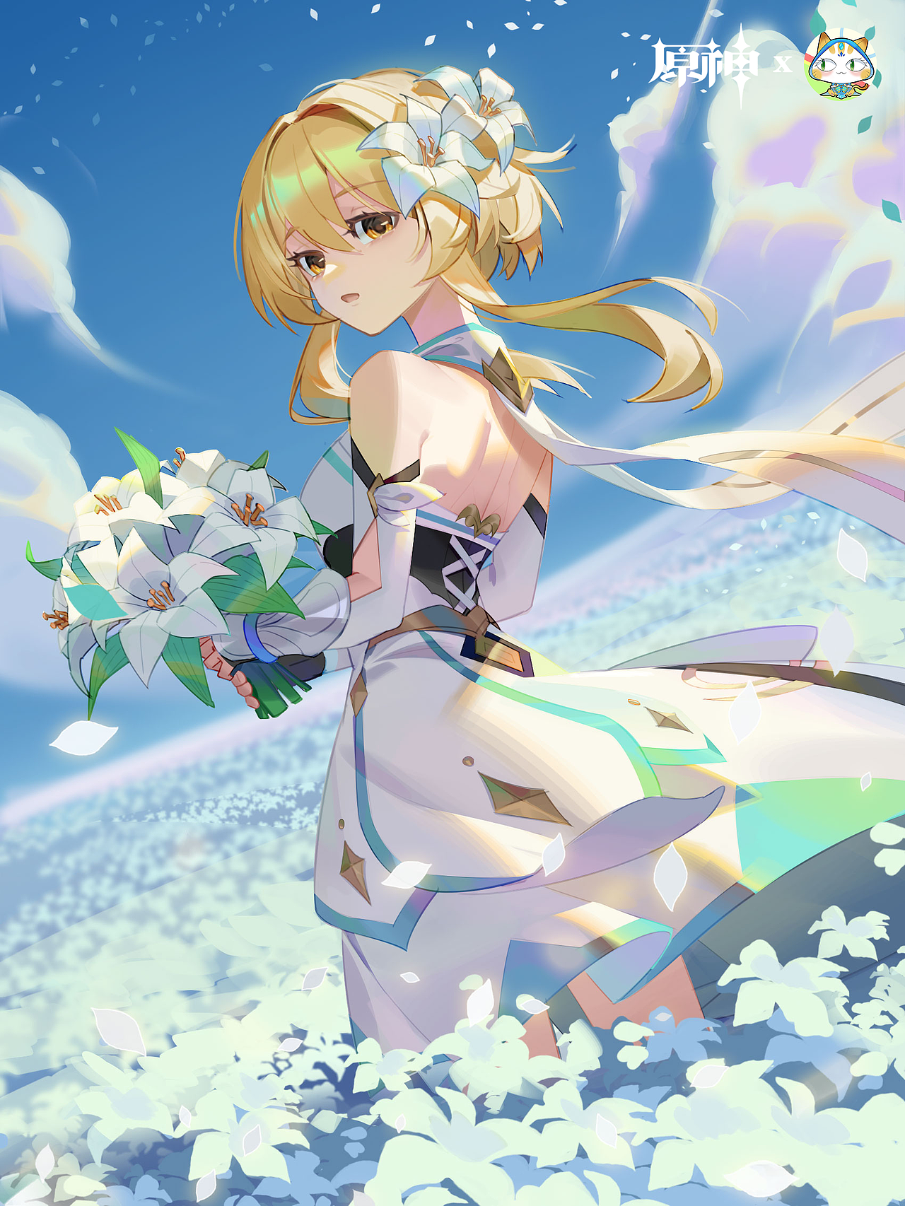 为原神而创作的图，荧手捧着鲜花回头看着你。