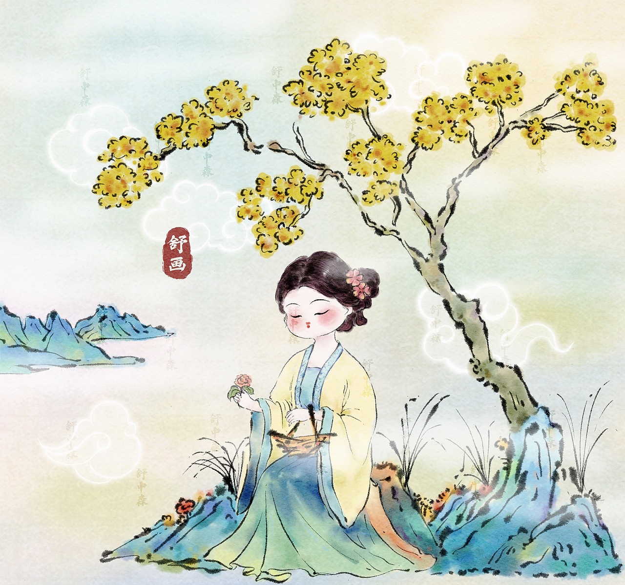 国风插画|青绿小场景|家纺已排版