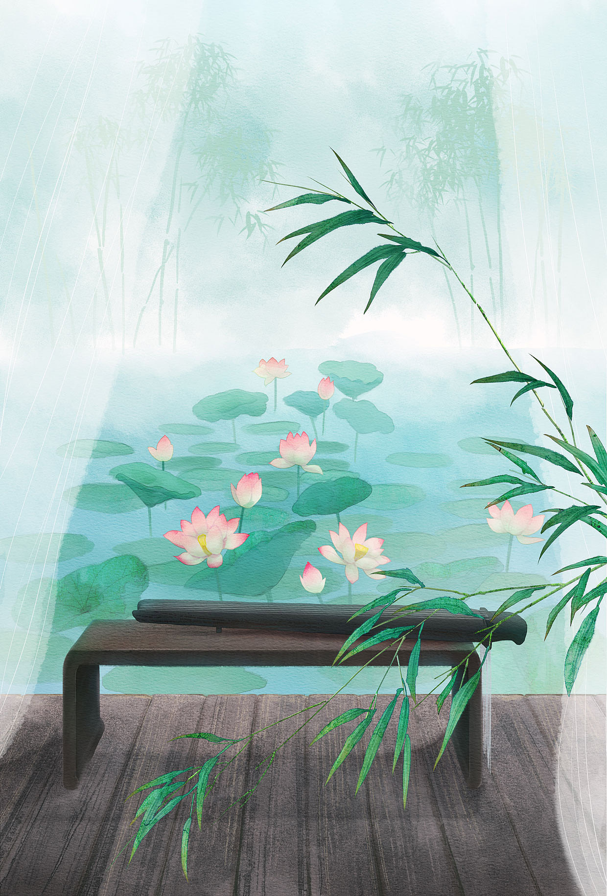 荷风送香气,竹露滴清响