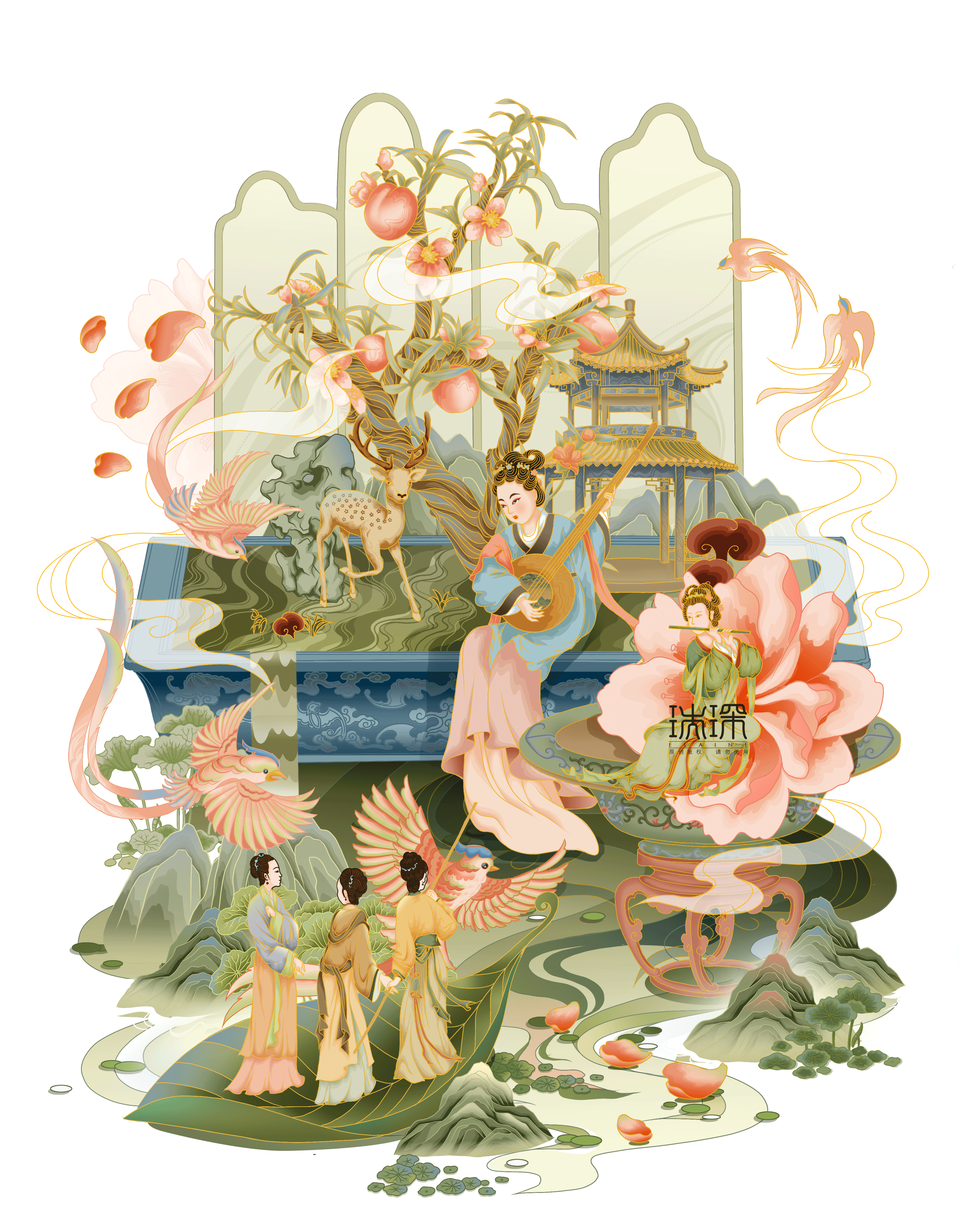 故宫宝石盆景仕女图 | 国潮商业插画